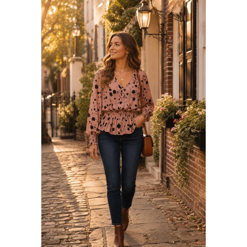 Sienna Sky Womens Pink Black Floral Smocked Peplum V-Neck Long Sleeve Blouse M